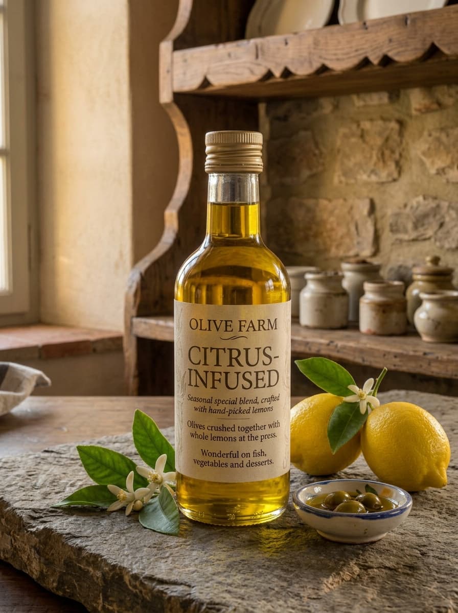 Bottle of Olive Farm Citrus-Infused olive oil with fresh lemons