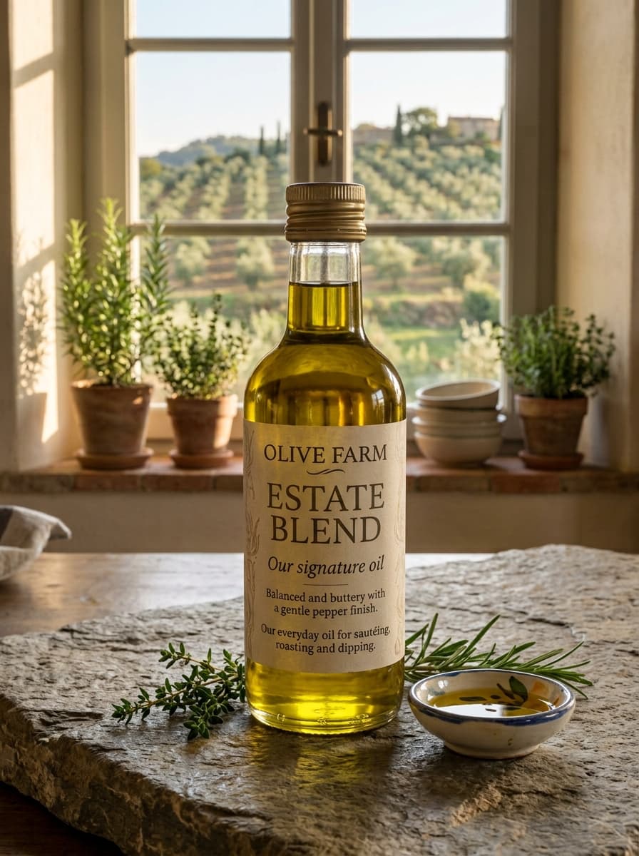 Bottle of Olive Farm Estate Blend extra virgin olive oil