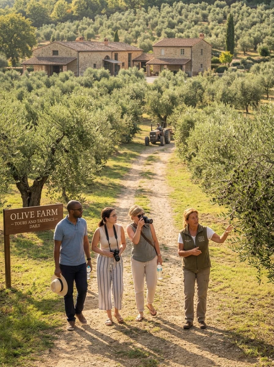 Guests walking through rows of olive trees on a guided grove tour